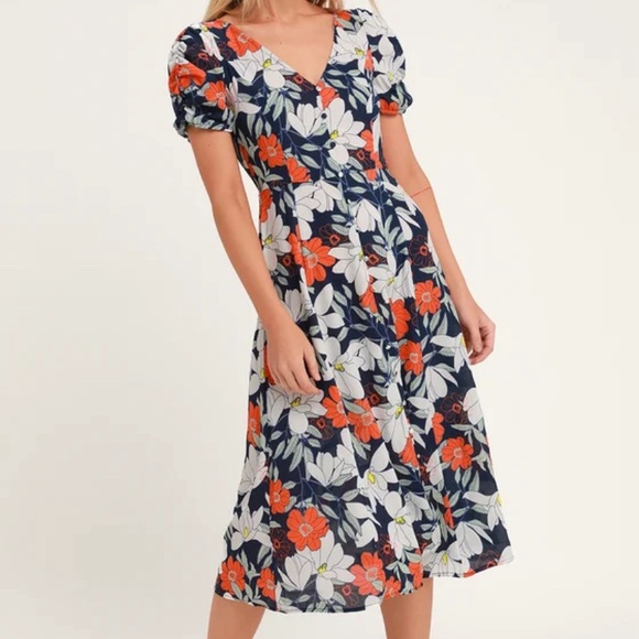 Lulus Pretty Poppies Navy Blue Floral Print Sheer Midi Dress EUC Size - S - Picture 3 of 13